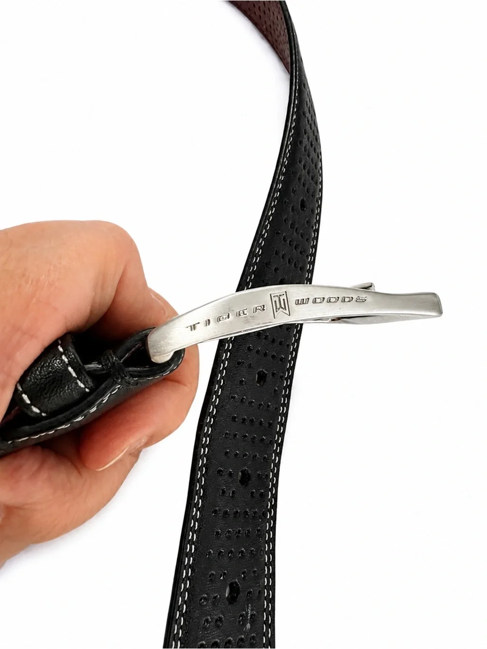 Tiger Woods Belt 32 Brown Leather TW Logo Perforated Golf Preppy Silver‎